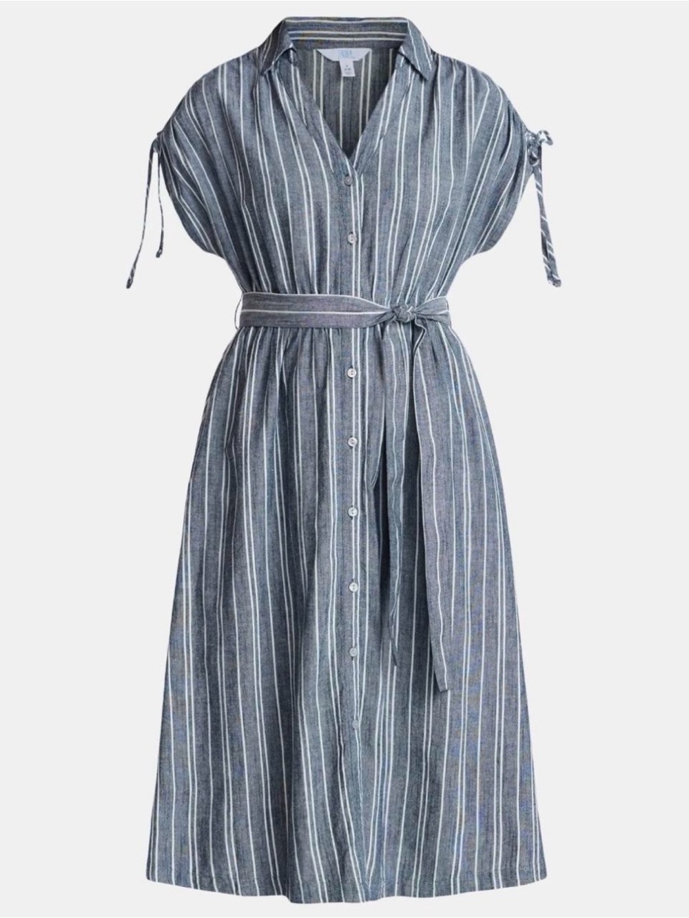 Button-Front Midi Shirt Dress in Blue Stripe with Tie Waist
